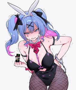 animal_ears bunny_ears bunny_girl fishnets hatsune_miku no_bra pantyhose qiandaiyiyu rabbit_hole_(vocaloid) tattoo vocaloid wet
