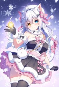 Rating: Questionable Score: 28 Tags: aina_rive animal_ears christmas dress heterochromia mauve nekomimi skirt_lift tail thighhighs User: Anonymous