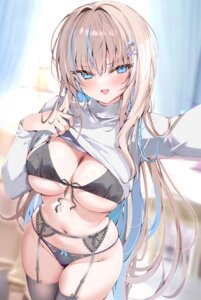 areola bra garter_belt lingerie pantsu pon selfie shirt_lift stockings thighhighs undressing wet