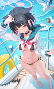 animal_ears bikini blue_archive halo houkisei kyouyama_kazusa nekomimi see_through seifuku swimsuits thong wet wet_clothes