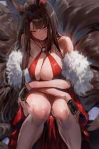 akagi_(azur_lane) animal_ears azur_lane dress kitsune no_bra rororo skirt_lift tail