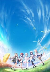 anemoi animal_ears awayuki_hiiro bike_shorts fusaba_aino garter hayakawa_rikka heels humuyun key kimishima_ao landscape na-ga nagayama_yuunon pantyhose seifuku shirato_koyomi skirt_lift tail thighhighs tsujikura_spica umbrella