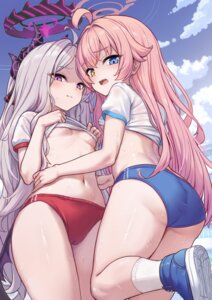 ass blue_archive buruma cameltoe devil gym_uniform halo heterochromia horns loli milkshake no_bra see_through shirt_lift sorasaki_hina undressing wet wet_clothes wings