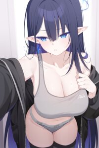 blue_archive bra deyui halo nanagami_rin open_shirt pantsu pointy_ears selfie thighhighs