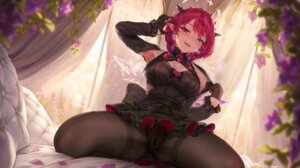 cameltoe dress heterochromia hololive hololive_english horns irys_(hololive) padoruu pantyhose pointy_ears skirt_lift vibrator wet wings