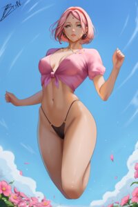 alvsdraws erect_nipples haruno_sakura naruto naruto_shippuden no_bra open_shirt pantsu