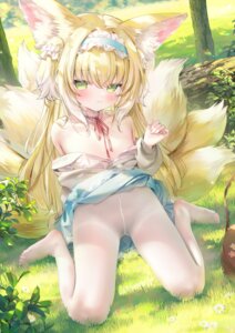 animal_ears arknights chen_bin kitsune loli no_bra nopan open_shirt pantyhose see_through skirt_lift suzuran_(arknights) sweater tail