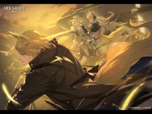 animal_ears arknights armor blemishine_(arknights) bum_hico dress garter headphones mlynar_(arknights) nearl_(arknights) sword tail thighhighs