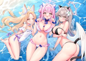 angel animal_ears ass bikini blue_archive erect_nipples halo kirifuji_nagisa kitsune misono_mika nekomimi silveroid swimsuits tail thong wet wings yurizono_seia