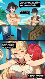 alice_thymefield animal_ears belle_(zenless_zone_zero) bikini_top breast_grab bunny_ears heterochromia nashidrop see_through swimsuits ukinami_yuzuha wise_(zenless_zone_zero) yuri zenless_zone_zero