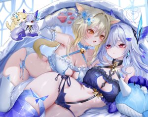 animal_ears bra cameltoe genshin_impact lumine neko nekomimi pantsu pottsness sheets skirk string_panties tail tattoo thighhighs watermark yuri