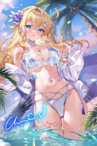 bikini garter open_shirt see_through swimsuits tagme tattoo wet wet_clothes