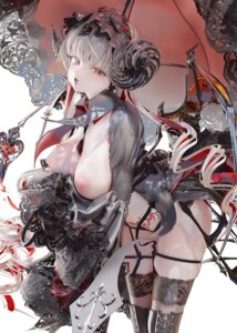 breasts devil garter horns iijima_masashi lolita_fashion nipples no_bra open_shirt stockings tail tattoo thighhighs umbrella wings