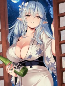 cleavage elf hololive no_bra open_shirt pointy_ears sake tomo0843 yukata yukihana_lamy