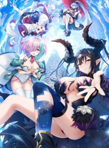 animal_ears horns japanese_clothes karinproject kuwada_yuuki leotard mayuzaki_yuu moeki_yuuta no_bra pantyhose pointy_ears skirt_lift stockings tail thighhighs umbrella