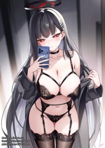 blue_archive bra dreamcatcher garter_belt halo lingerie open_shirt pantsu selfie stockings thighhighs tsukatsuki_rio undressing