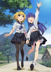 furude_rika higurashi_no_naku_koro_ni houjou_satoko pantyhose seifuku skirt_lift watanabe_akio