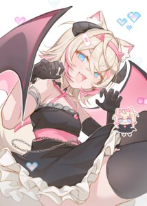 animal_ears bandaid chibi devil dress hololive hololive_english horns icomochi inumimi mococo_abyssgard skirt_lift tail thighhighs wings