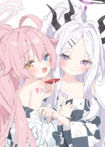 blue_archive halo heterochromia horns kani_biimu loli no_bra open_shirt sake sorasaki_hina takanashi_hoshino tattoo yukata