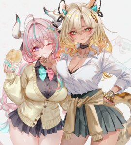animal_ears bra cleavage genshin_impact horns open_shirt pottsness seifuku sweater tail varesa watermark xilonen