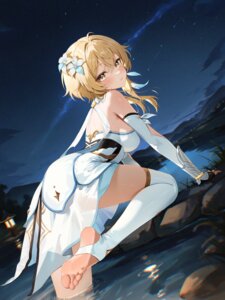 Rating: Questionable Score: 43 Tags: armor dress feet genshin_impact lumine no_bra radoremo see_through skirt_lift thighhighs wet User: Arsy
