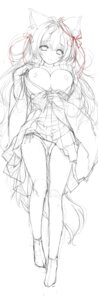 animal_ears breasts dakimakura japanese_clothes kitsune lump_of_sugar moekibara_fumitake monochrome nipples no_bra open_shirt pantsu sketch skirt_lift string_panties tail tayutama tayutama_2 thong