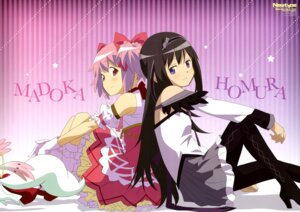 akemi_homura dress heels kaname_madoka kyubey mahou_shoujo_madoka_magica pantyhose skirt_lift ura_takazumi