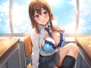 bra open_shirt see_through seifuku shiitake_taishi skirt_lift