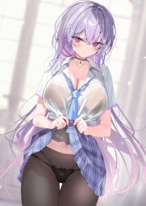 bra open_shirt pantsu pantyhose pon see_through seifuku skirt_lift thong wet wet_clothes