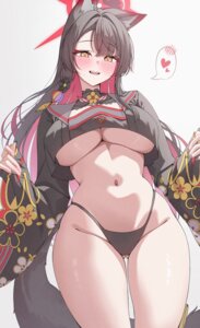 Rating: Questionable Score: 49 Tags: animal_ears blue_archive fishnets gyu_chul halo japanese_clothes kitsune kosaka_wakamo no_bra pantsu see_through seifuku tail User: VigorousMMM