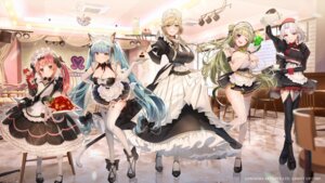 ade_(nikke) animal_ears cocoa_(nikke) drake_(nikke) goddess_of_victory:_nikke heels katase_bono maid megane nekomimi no_bra privaty skirt_lift soda_(nikke) stockings tail thighhighs waitress