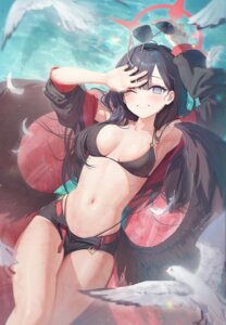 angel bikini blue_archive cha_hou megane nakamasa_ichika open_shirt swimsuits wet wings