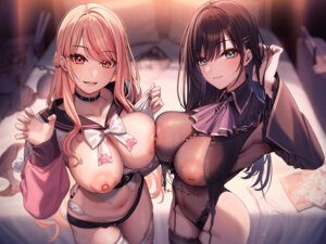 breasts garter leotard nanafuton nipples no_bra open_shirt pantsu see_through seifuku stockings symmetrical_docking thighhighs wet