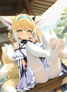 animal_ears arknights feet kitsune loli pantsu pantyhose radoremo see_through skirt_lift suzuran_(arknights) tail