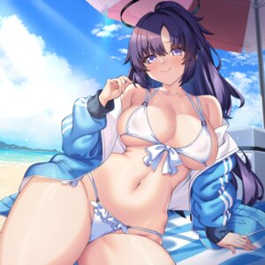 bikini blue_archive cameltoe erect_nipples gym_uniform halo hayase_yuuka merufena open_shirt swimsuits