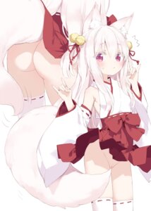 animal_ears ass kani_biimu kitsune loli miko no_bra nopan shimotsuki_potofu skirt_lift tail thighhighs wardrobe_malfunction