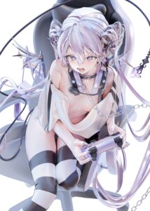 bottomless devil headphones horns iijima_masashi loli no_bra pointy_ears tail thighhighs wet wings