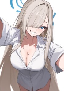 Rating: Questionable Score: 32 Tags: blue_archive cleavage dress_shirt halo harui_(huruyi_817) ichinose_asuna open_shirt User: VigorousMMM