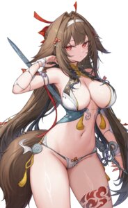 animal_ears bikini kiriko_(araragikoyomi) swimsuits sword tail tattoo thong ye_shunguang zenless_zone_zero