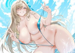 aoi_sakura_(seak5545) areola blue_archive censored erect_nipples halo ichinose_asuna pussy sling_bikini swimsuits undressing wet