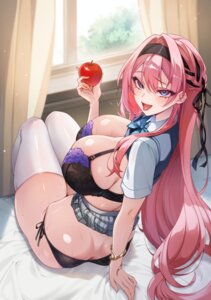 bra lingerie pantsu seifuku shindou shirt_lift skirt_lift string_panties sweater thighhighs wet