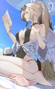 angel blue_archive erect_nipples feet kirifuji_nagisa megane pero_(peroneko0510) see_through swimsuits wet wings