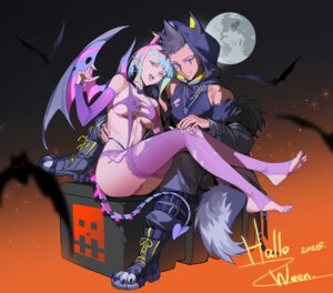 animal_ears bigroll cyberpunk:_edgerunners cyberpunk_2077 david_martinez devil erect_nipples feet halloween horns lucy_(cyberpunk) mecha_musume no_bra pointy_ears tail thighhighs torn_clothes wings