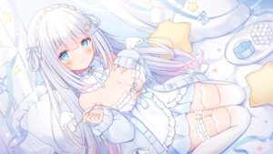garter indie_virtual_youtuber no_bra omochi_monaka pajama shiroha_nemu stockings sweater thighhighs wallpaper wings