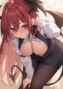 Rating: Questionable Score: 12 Tags: breasts business_suit koakuma nipples no_bra open_shirt pantyhose pointy_ears tail touhou wings wowoguni User: Arsy