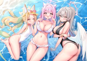 angel animal_ears ass bikini blue_archive erect_nipples halo kirifuji_nagisa kitsune megane misono_mika nekomimi silveroid swimsuits tail wet wings yurizono_seia