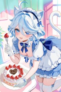 animal_ears furina genshin_impact heterochromia maid nekomimi no_bra rrr_gns_(riuriu_1212) tail thighhighs waitress