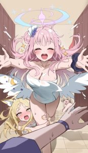 angel animal_ears blue_archive gonggo halo kirifuji_nagisa kitsune misono_mika see_through towel wet wings yurizono_seia