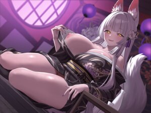 Rating: Questionable Score: 10 Tags: animal_ears breasts jfjf kimono kitsune nipples no_bra nopan open_shirt sake skirt_lift tail undressing User: kiyoe