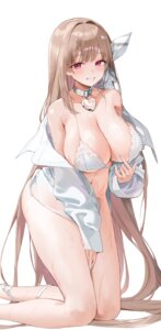 bikini_top bottomless choyeon dress_shirt goddess_of_victory:_nikke horns open_shirt see_through swimsuits viper_(nikke) wet wet_clothes